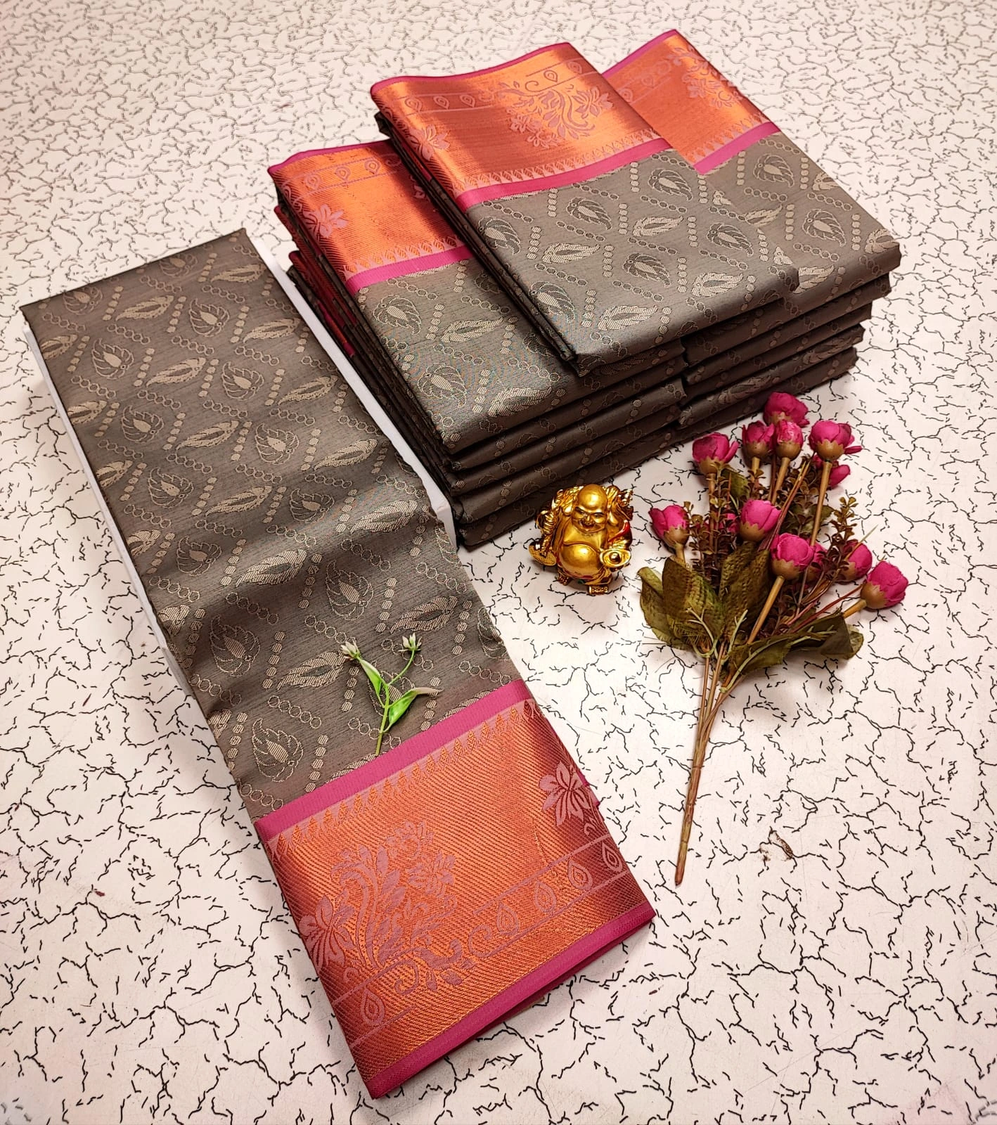 Taupe Grey with Rani Pink Border Copper Zari Soft Silk Saree
